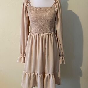 SHEIN Cream Long Sleeve Smocked Dress